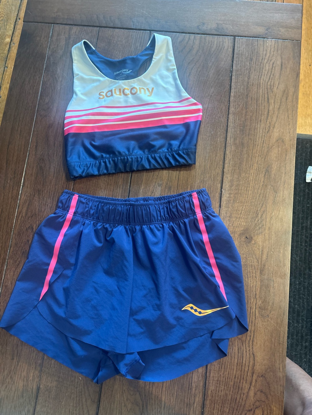 Woman’s Saucony Shorts Small & Bra XS with Pink Trim and Gold Logo